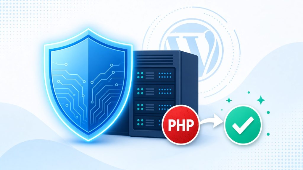 Shield protecting a WordPress server as a PHP vulnerability warning turns into a green checkmark