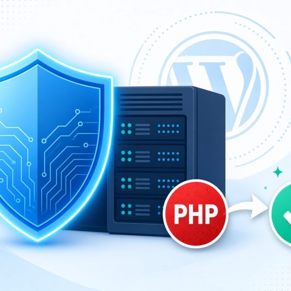Shield protecting a WordPress server as a PHP vulnerability warning turns into a green checkmark